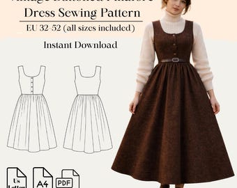 Vintage Buttoned Pinafore Dress Sewing Pattern PDF | Eu 32–52 Us 0–20 | A4 Us Letter | Bonus Pattern Included
