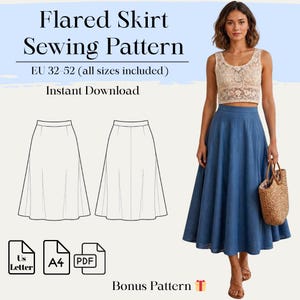 May include: A digital sewing pattern for a flared skirt, featuring text that reads Flared Skirt Sewing Pattern, EU 32-52, Instant Download, and Bonus Pattern. The image includes a line drawing of the skirt and a display of the finished blue skirt.