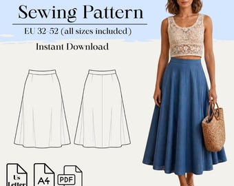 Flared Skirt Sewing Pattern  | Eu 32–52 | A4 Us letter | Bonus Pattern Included