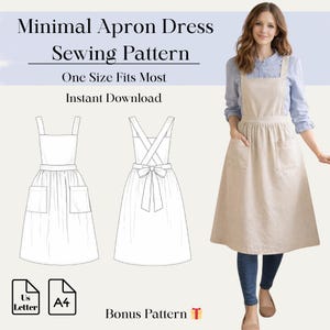 Puede incluir: Un patrón de costura para un vestido tipo delantal beige con dos bolsillos delanteros. La imagen muestra el texto Minimal Apron Dress Sewing Pattern, One Size Fits Most, Instant Download, Bonus Pattern e iconos de papel US Letter y A4.
