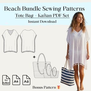 Puede incluir: Beach Bundle Sewing Patterns Tote Bag + Kaftan PDF Set Instant Download. Incluye dibujos lineales de un caftán con borlas y tres tamaños de bolsos de rayas. Contiene iconos de tamaños de papel US Letter, A4, A0 y el texto Bonus Pattern.