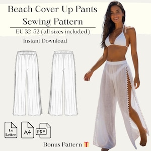 May include: White beach cover-up pants sewing pattern. The image shows a woman wearing white, wide-leg pants with side slits. The text on the image reads "Beach Cover Up Pants Sewing Pattern" and "EU 32-52 (all sizes included)".
