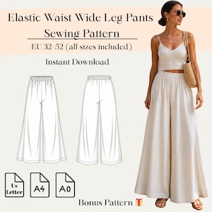 May include: White elastic waist wide leg pants sewing pattern. The image shows a woman wearing a matching white top and wide-leg pants. The text on the image says "Elastic Waist Wide Leg Pants Sewing Pattern" and "Instant Download."