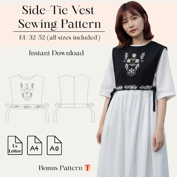 Side-Tie Vest Sewing Pattern | Eu 32–52 | A4 A0 Us Letter | Bonus Pattern Included