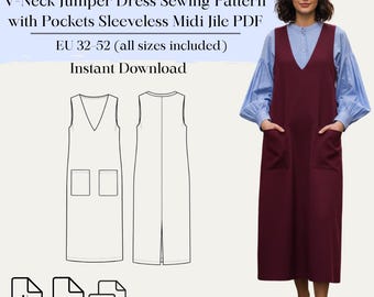 V-Neck Jumper Dress Sewing Pattern with Pockets Sleeveless Midi Jile PDF | Eu 32–52 Us 0–20 | A4 Us Letter | Bonus Pattern Included