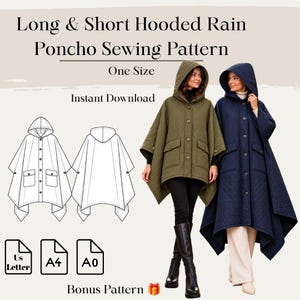 May include: Long & Short Hooded Rain Poncho Sewing Pattern. One Size. Instant Download. Includes US Letter, A4, and A0 files. Features a quilted olive green poncho and a quilted navy blue poncho, both with hoods, front buttons, and pockets.