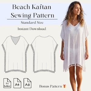May include: White beach kaftan sewing pattern with a V-neck and tassel trim. The image includes a diagram of the kaftan and a photo of a woman wearing the garment. Text on the image reads "Beach Kaftan Sewing Pattern, Standard Size, Instant Download."