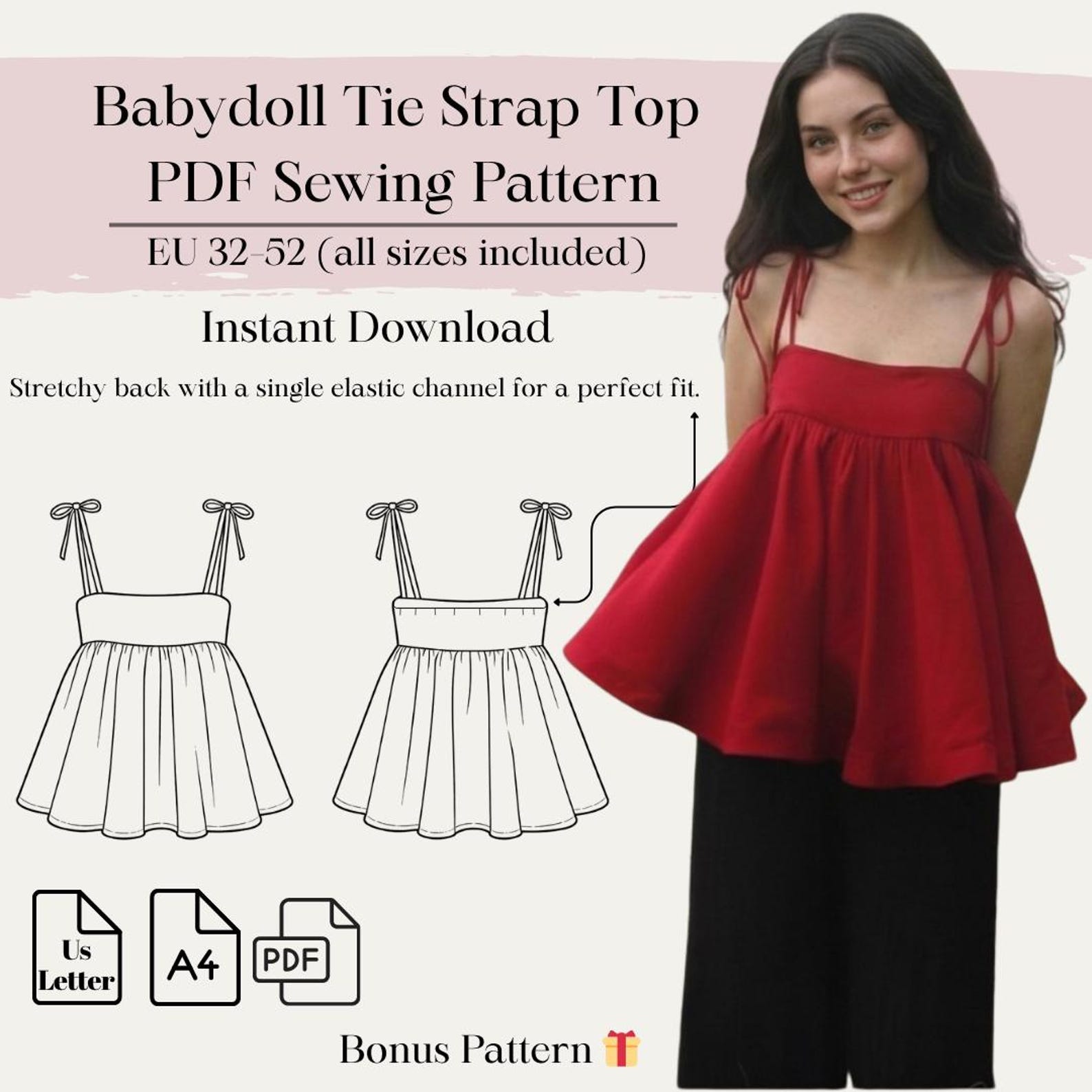 Babydoll Tie Strap Top PDF Sewing Pattern | Eu 32–52 Us 0–20 | A4 Us ...