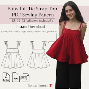 Puede incluir: Un top rojo de tirantes anudados estilo babydoll con escote cuadrado y tirantes anudados. La imagen también incluye un patrón de costura PDF con el texto "Babydoll Tie Strap Top PDF Sewing Pattern" y "EU 32-52 (all sizes included)".