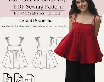 Babydoll Tie Strap Top PDF Sewing Pattern | Eu 32–52 Us 0–20 | A4 Us Letter | Bonus Pattern Included