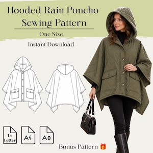 May include: Hooded Rain Poncho Sewing Pattern, One Size, Instant Download. Includes a technical line drawing of the front and back of the poncho, plus US Letter, A4, and A0 paper size icons. Features a quilted olive green hooded poncho.