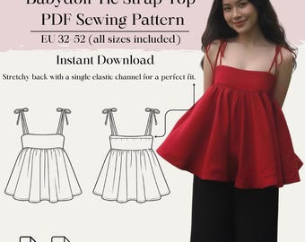 Babydoll Tie Strap Top PDF Sewing Pattern | Eu 32–52 Us 0–20 | A4 | Bonus Pattern Included