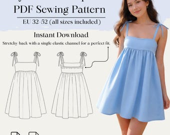 Babydoll Tie Strap Dress PDF Sewing Pattern | Eu 32–52 Us 0–20 | A4 | Bonus Pattern Included