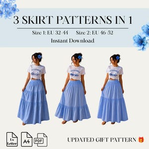 Puede incluir: Un patrón de costura digital para tres estilos de falda en uno, con el texto 3 SKIRT PATTERNS IN 1, Size 1: EU 32-44, Size 2: EU 46-52 e Instant Download. El gráfico muestra tres faldas largas de color azul claro con volantes.