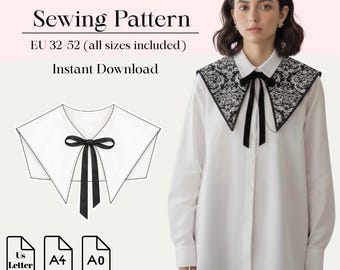 May include: A sewing pattern for a detachable collar, featuring text that reads Detachable Collar Sewing Pattern, EU 32-52 (all sizes included), Instant Download, and Bonus Pattern. The design includes a black and white patterned collar with a black ribbon tie.