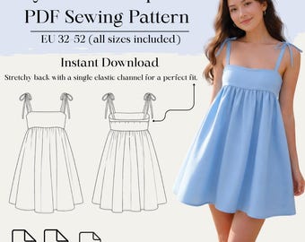 Babydoll Tie Strap Dress PDF Sewing Pattern | Eu 32–52 Us 0–20 | A4 Us Letter | Bonus Pattern Included