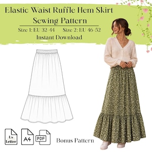 May include: An elastic waist ruffle hem skirt sewing pattern with text reading Elastic Waist Ruffle Hem Skirt Sewing Pattern, Size 1: EU 32-44, Size 2: EU 46-52, Instant Download, and Bonus Pattern. Includes a line drawing and a floral skirt.