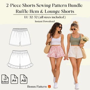 Könnte beinhalten: Ein Schnittmuster-Set für zwei verschiedene Shorts, bestehend aus einem Modell mit Rüschensaum und einer Lounge-Shorts. Der Text lautet 2-Piece Shorts Sewing Pattern Bundle, Ruffle Hem & Lounge Shorts, EU 32-52 (all sizes included), Instant Download.
