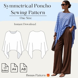 May include: A digital sewing pattern for a symmetrical poncho, featuring text that reads Symmetrical Poncho Sewing Pattern, One Size, Instant Download, US Letter, A4, A0, and Bonus Pattern. The image displays a light blue poncho with dark polka dots.