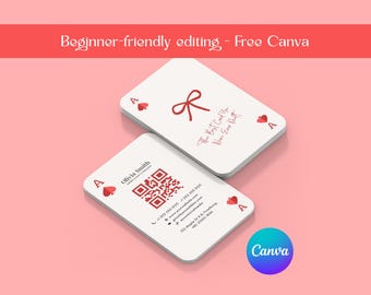 エース・オブ・ハーツの名刺テンプレート Canva | 編集可能なQRコード付きピンクフェミニンカード | 美容サロン・ネイル技術者向け連絡先カード（印刷可能）
