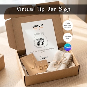 May include: A cardboard box containing a "Virtual Tip Jar Sign" with a QR code and the text "Thank you for trusting me with your order Jane." The box also holds jewelry and a linen cloth.