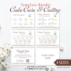 May include: A template bundle with cake care and cutting instructions. The bundle includes guides for cake care, cutting instructions for round and square cakes, a thank you card, and a space for a logo. The text says "Editable in Canva" and "Instant Download".