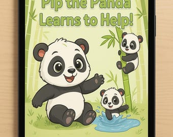 May include: A digital tablet displays a children's book cover titled "Pip the Panda Learns to Help!" featuring cartoon pandas in a bamboo forest setting. The book is labeled "Printable Kids Book".