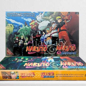 May include: A complete collection DVD set of the anime series Naruto Shippuden. The box set features colorful illustrations of characters from the show, with text that reads "Complete Collection of 720 Episodes + 11 Movies". The set includes 39 discs.
