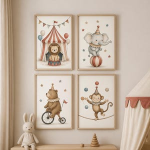 Juego de 4 láminas decorativas de animales de circo para la habitación infantil: Elefante, león, oso, mono.