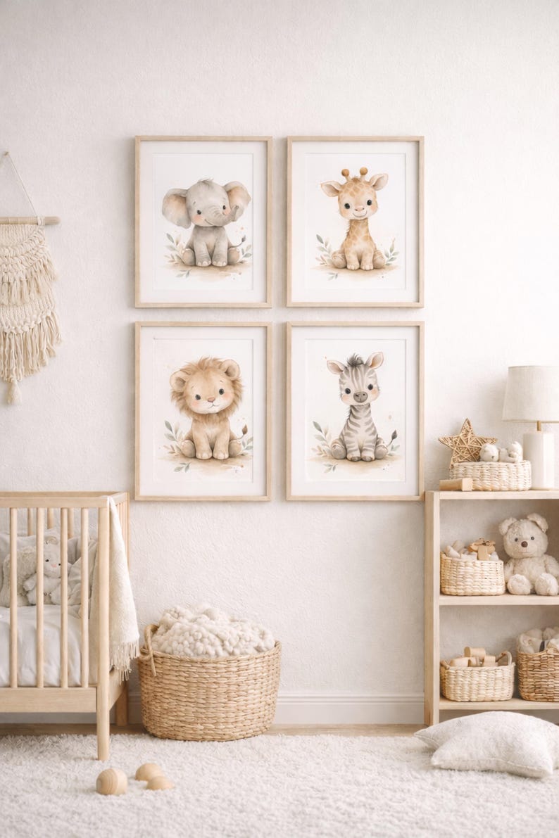 Safari Nursery Wall Art Printable Set of 4, Neutral Baby Animal Nursery ...