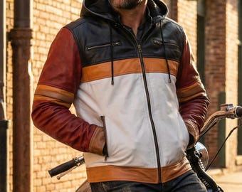 Men's Color Block Genuine Leather Hoodie: Streetwear Biker Jacket