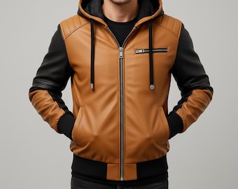 Men’s Sheepskin Leather Bomber Jacket – Brown & Black Hooded Coat