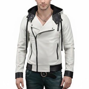 Men's Real Leather Hooded Biker Jacket: Asymmetrical Slim Fit