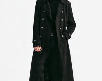 Men's Black Wool Blend Double Breasted Trench Coat – Long Winter Overcoat