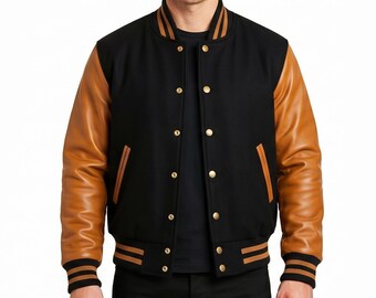 Men's Wool Leather Varsity Bomber Jacket – Black, Brown, Gold Ribbed Accents