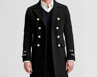 Black Wool Double Breasted Overcoat with Gold Buttons – Mid-Length Peacoat