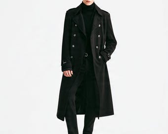 Men's Black Wool Trench Coat Double Breasted Long Winter Overcoat Notched Lapel Belted Slim Fit Cashmere Blend Jacket