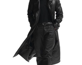 Oxlore Men’s Black Sheepskin Leather Trench Coat – Quilted Lining, Gothic Combat Style Winter Outerwear