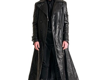 Oxlore Men’s Black Sheepskin Leather Trench Coat – Double-Breasted, Belted Gothic Combat Style Winter Outerwear