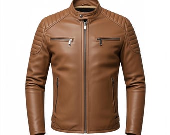 Men’s Sheepskin Leather Jacket – Brown Biker Style with Padded Shoulders, Slim Fit Streetwear Outerwear