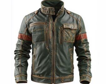 May include: A distressed-look, dark green leather jacket with brown accents and a stand-up collar. Features include multiple zippered pockets, shoulder epaulets, and brown stripes on the sleeves. The jacket has a vintage, worn appearance.
