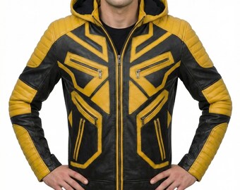 Oxlore Men's Black & Yellow Leather Biker Jacket – Detachable Hood, Slim Fit