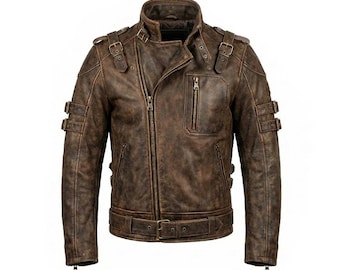 Oxlore Men's Distressed Brown Leather Cafe Racer Jacket - Vintage Biker Style