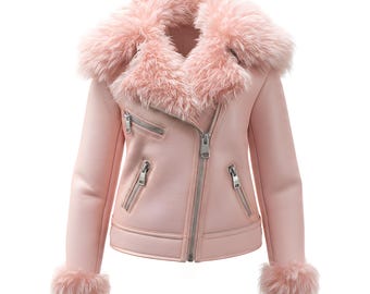 Pink Leather Biker Jacket with Wool Fur Collar and Cuffs – Moto Style Bomber Coat