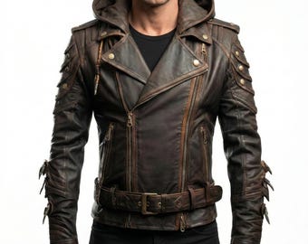 Oxlore Distressed Brown Leather Biker Jacket - Men's Vintage Moto with Removable Hood