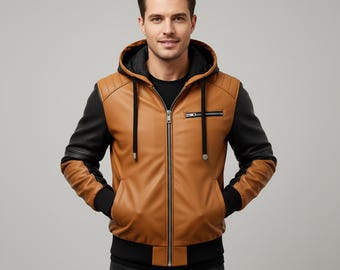 Men’s Sheepskin Leather Bomber Jacket – Brown & Black Hooded Coat