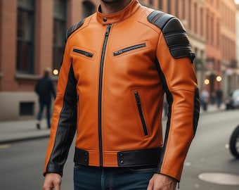 Chaqueta de motociclista de piel de oveja naranja y negra para hombre: cuello alto, cremallera múltiple, abrigo informal y cálido.