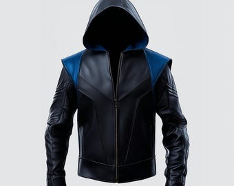 Oxlore Hooded Black Leather Jacket with Blue Accents - Futuristic Streetwear, Biker & Cosplay Outerwear