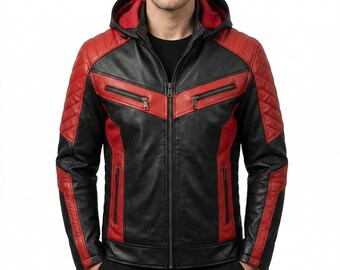 Men's Black & Red Leather Biker Jacket – Removable Hood, Quilted Racer Coat