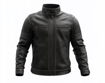 Könnte beinhalten: Schwarze Lederjacke mit Stehkragen, Reißverschluss und mehreren Taschen. Die Jacke hat eine Steppung an Schultern und Ärmeln. Das Design ist elegant und modern.